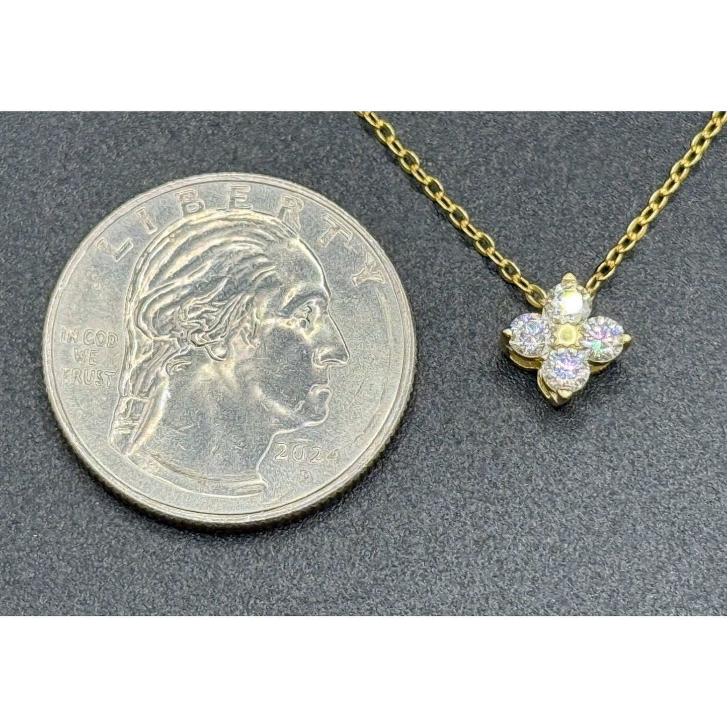 New Condition 18” Gold Sterling Silver Moissanite Clover Pendant Necklace GRA
