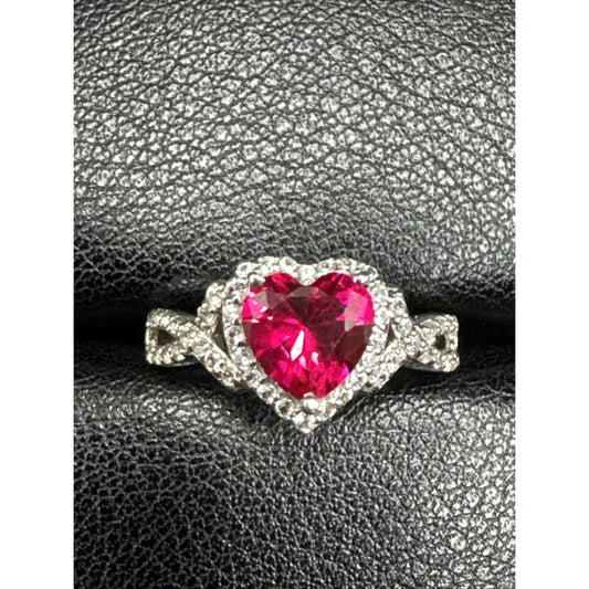 STS Sterling Silver lab Ruby White Sapphire Heart Ring 925 Size 6.5 T7