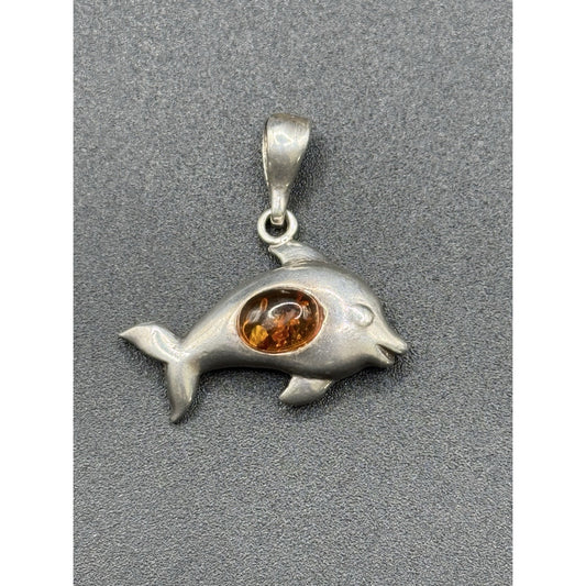 Vintage Sterling Silver Amber Dolphin Pendant 925