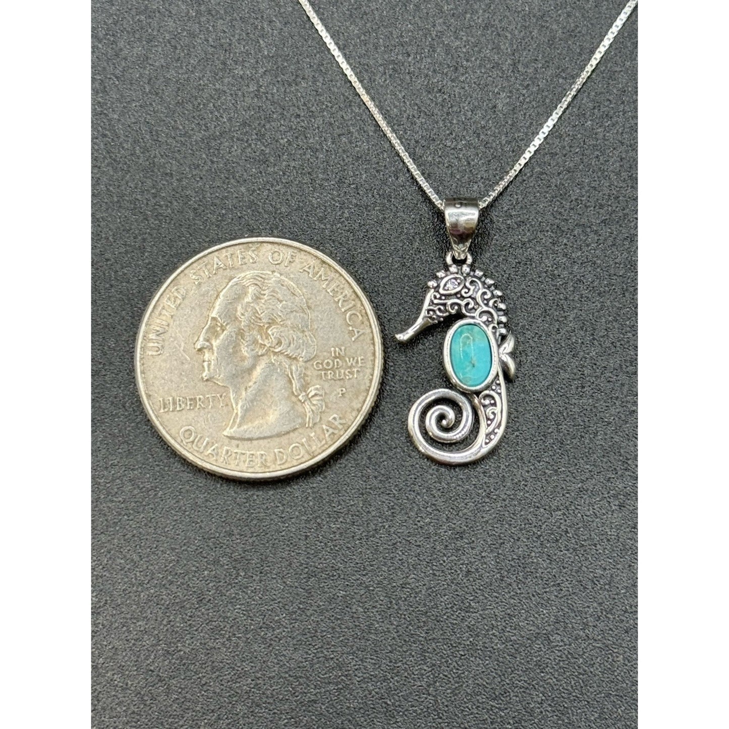 18” New Condition Sterling Silver Turquoise Seahorse Pendant Necklace 925