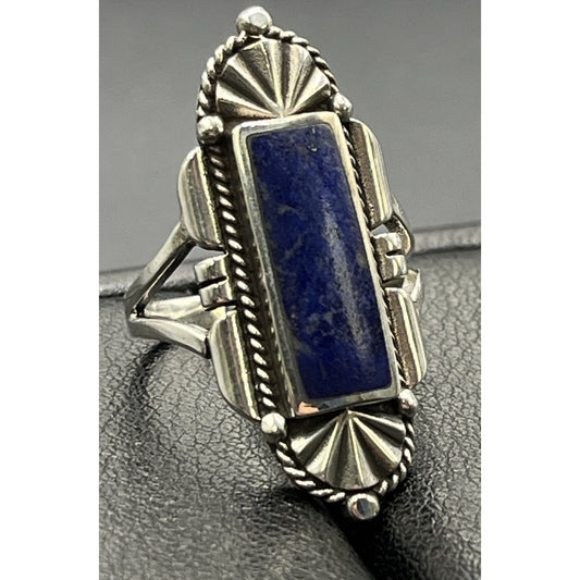 New Condition Sterling Silver Lapis Art Deco Ring Size 7