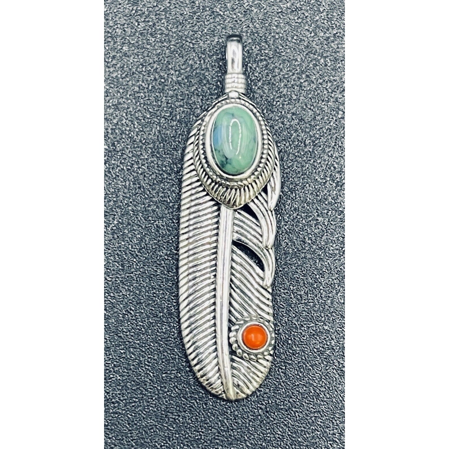 New Condition Sterling Silver Coral Turquoise Feather Pendant 925