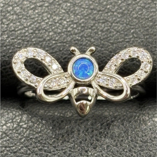 New Condition Sterling Silver Lab Blue Opal Cubic Zirconia Bee Ring Size 7