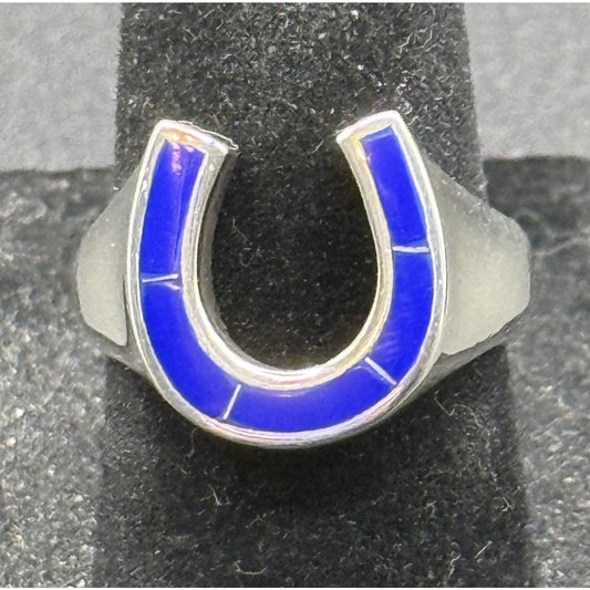 New Condition Sterling Silver Lapis Lazuli Horseshoe Ring Size 7.00