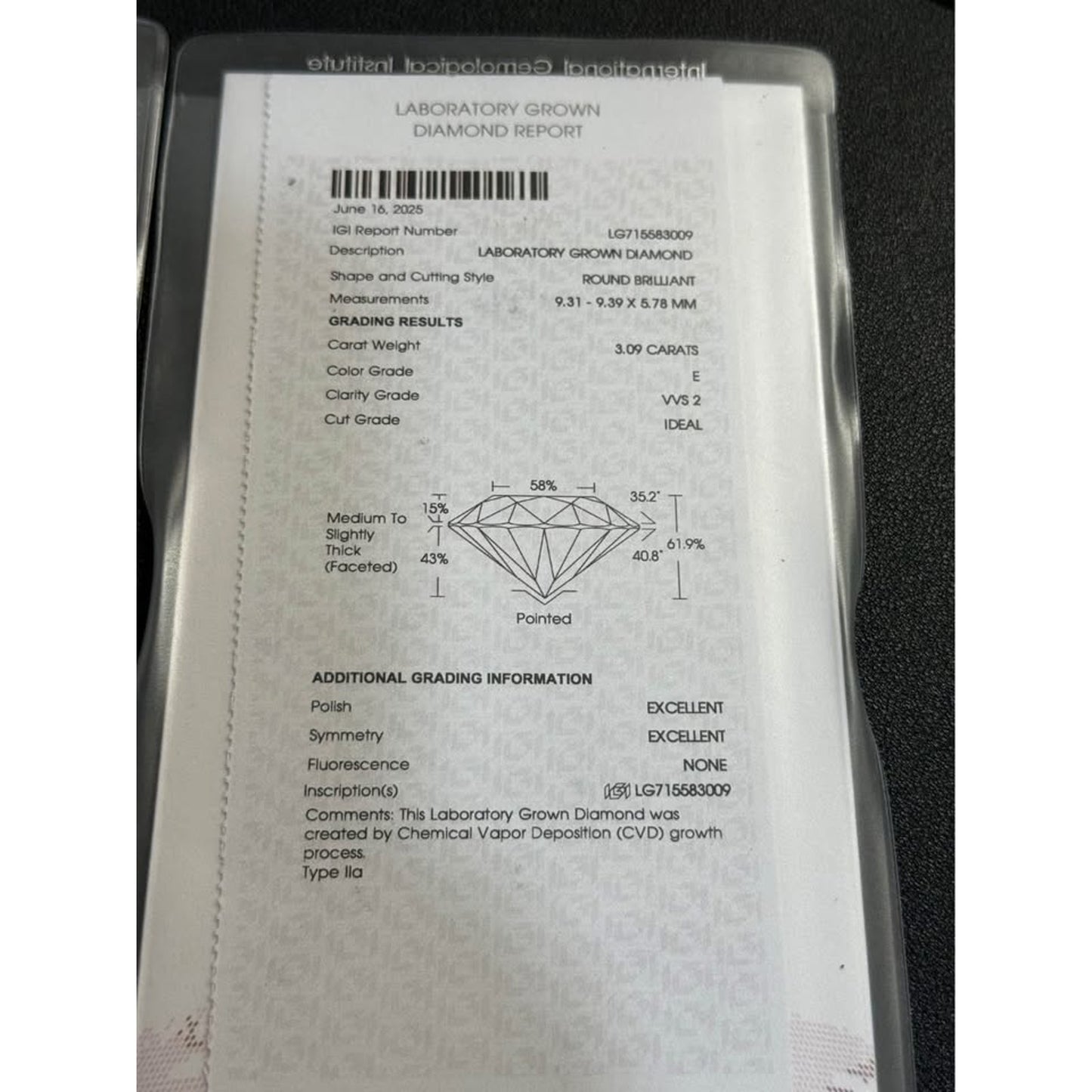 6.18 Total Weight Round Lab Grown Diamond Stud Earrings E Color VS1/VVS2 Clarity IGI Screw backs