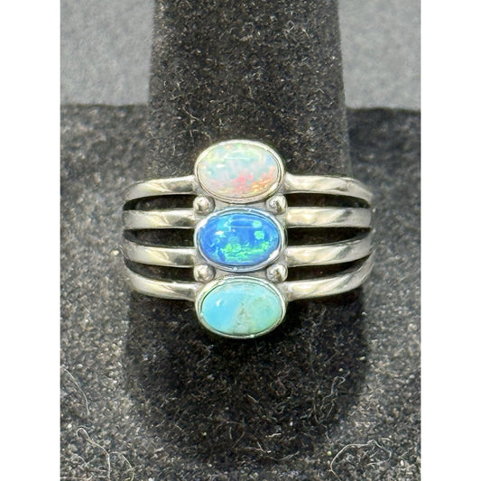 New Condition Sterling Silver Lab Opal Turquoise Split Ring Size 7.00