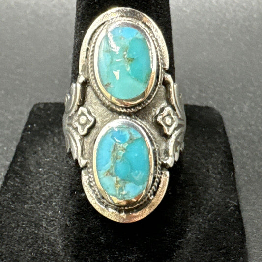 New Condition Sterling Silver Double Turquoise Ring 925 Size 10.5