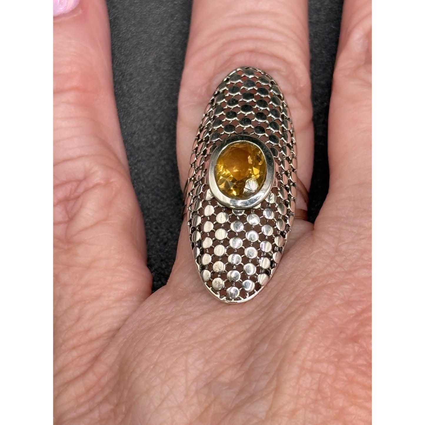 EUC Sterling Silver Genuine Citrine Open Work Ring Size 7.00 925 Q21
