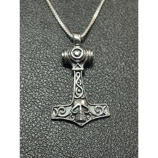 New Condition 20” Sterling Silver Hammer And Skull Pendant Necklace Gents