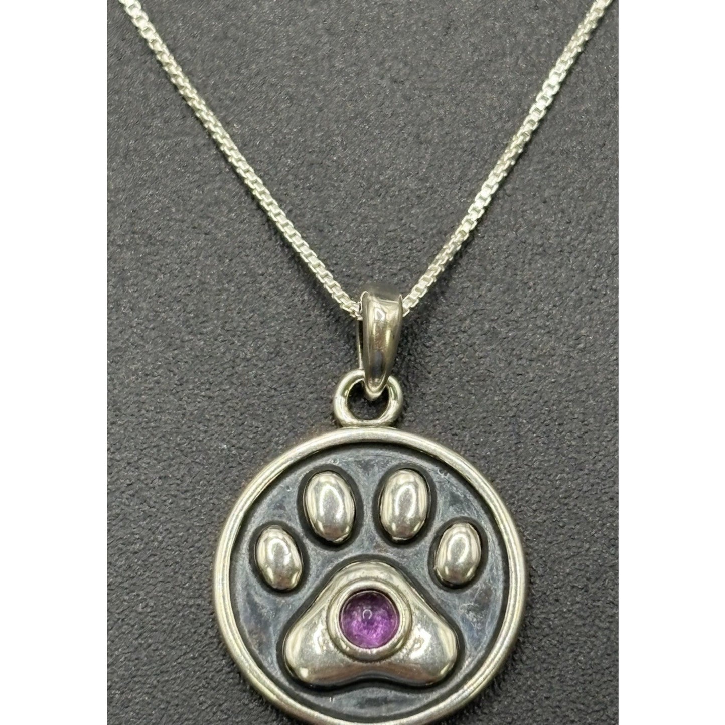 New Condition 18" Sterling Silver Amethyst Dog Cat Paw Pendant Necklace