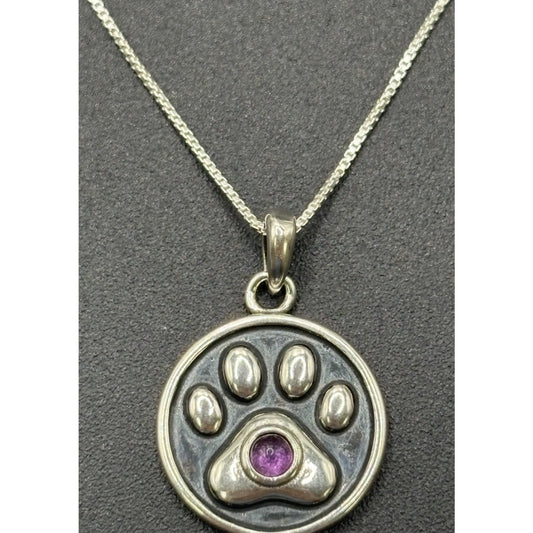 New Condition 18" Sterling Silver Amethyst Dog Cat Paw Pendant Necklace
