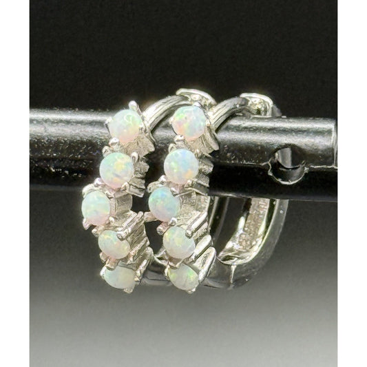 New Condition Dainty Sterling Silver Lab Opal Huggie Earrings 925