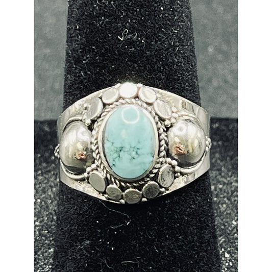 New Condition Sterling Silver Bali Style Turquoise Ring Size 7.00