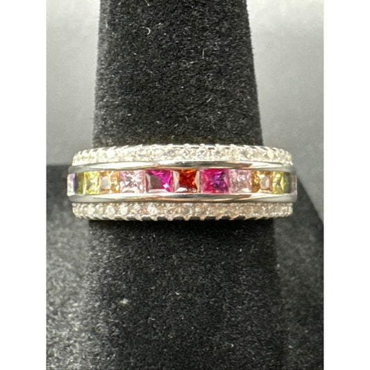 New Condition Sterling Silver Multi Color CZ Row Band Ring 925 Size 7