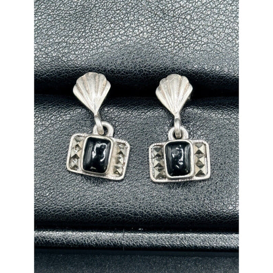 Vintage Sterling Silver Onyx Marcasite Art Deco Dangle Earrings M8