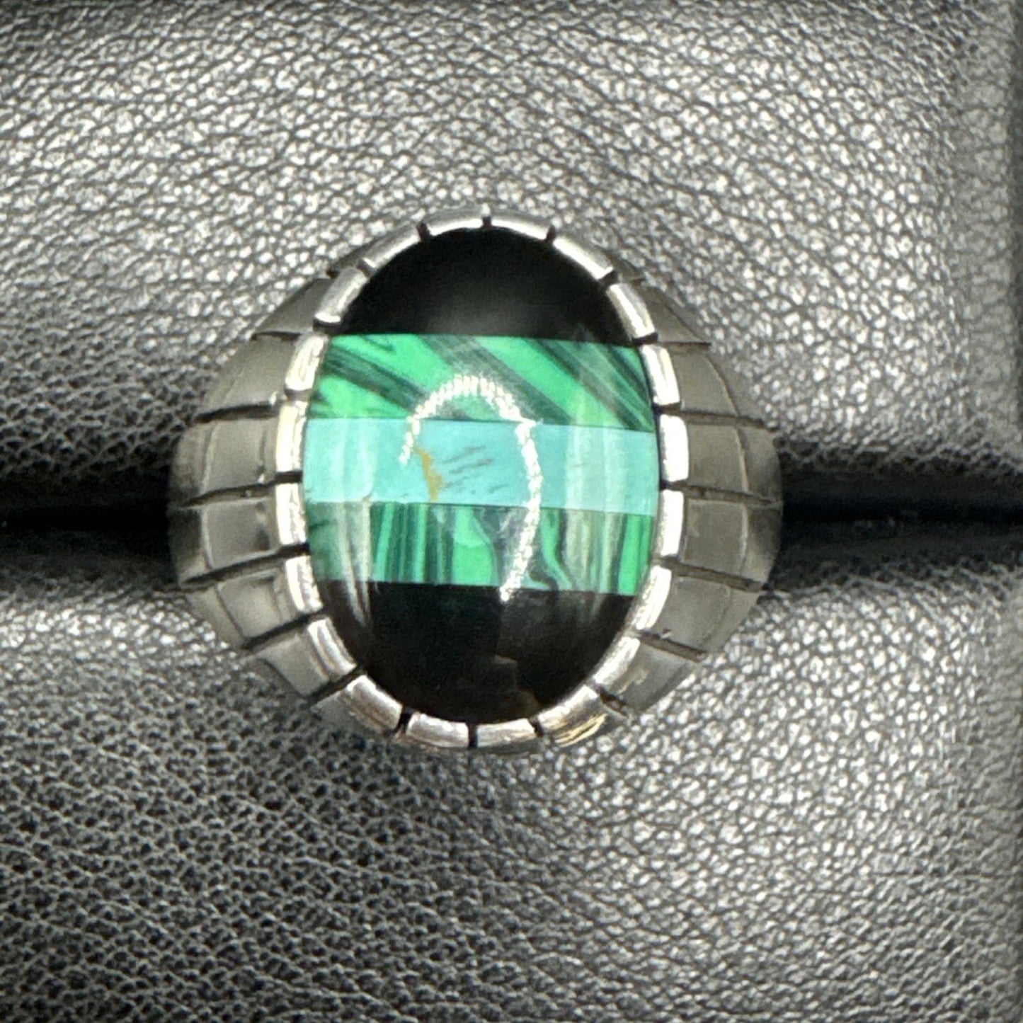 New Condition Sterling Silver Onyx Malachite Turquoise Ring 925 Size 13