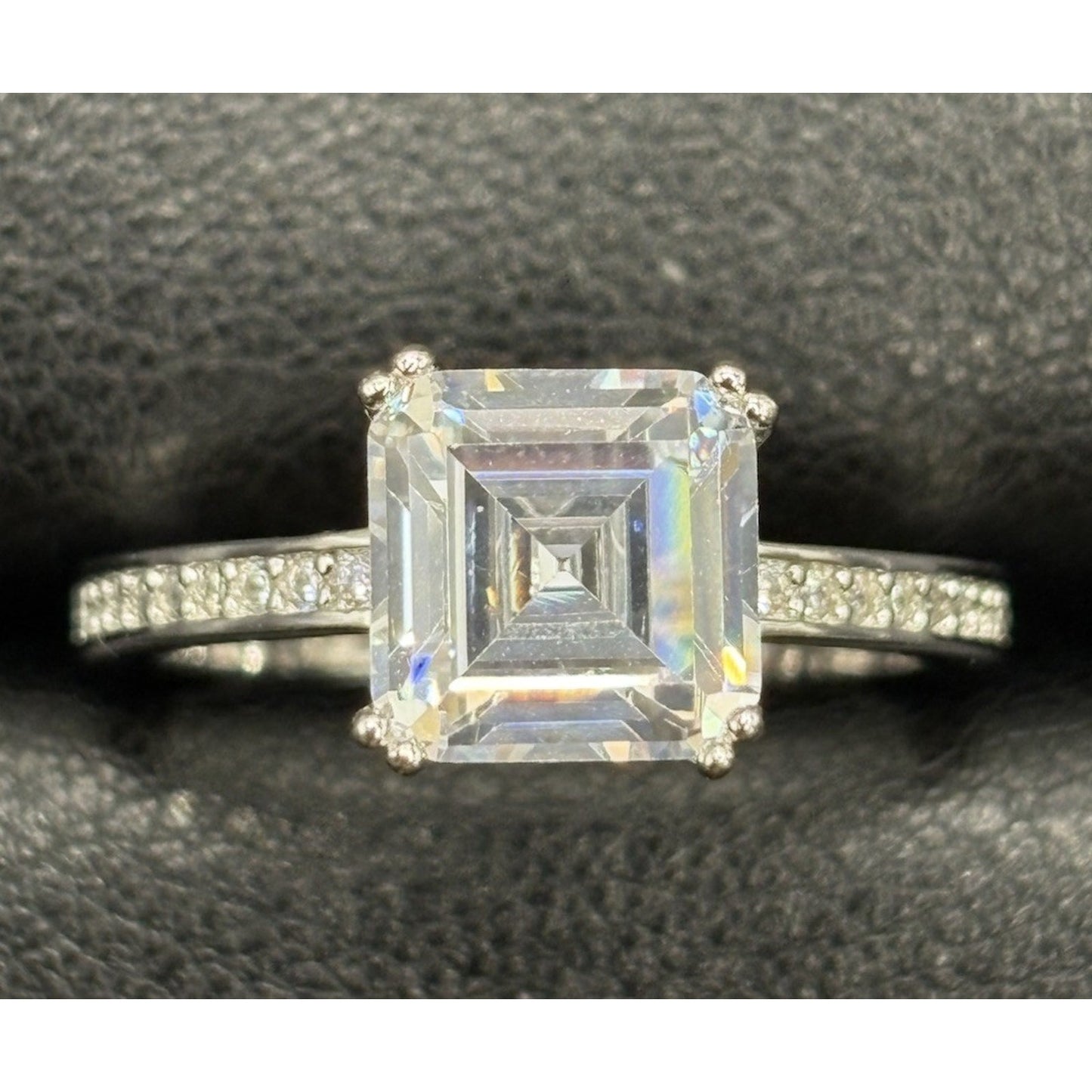 New Condition Sterling Silver Cubic Zirconia Ascher Cut Engagement Ring Size 7