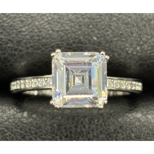 New Condition Sterling Silver Cubic Zirconia Ascher Cut Engagement Ring Size 7