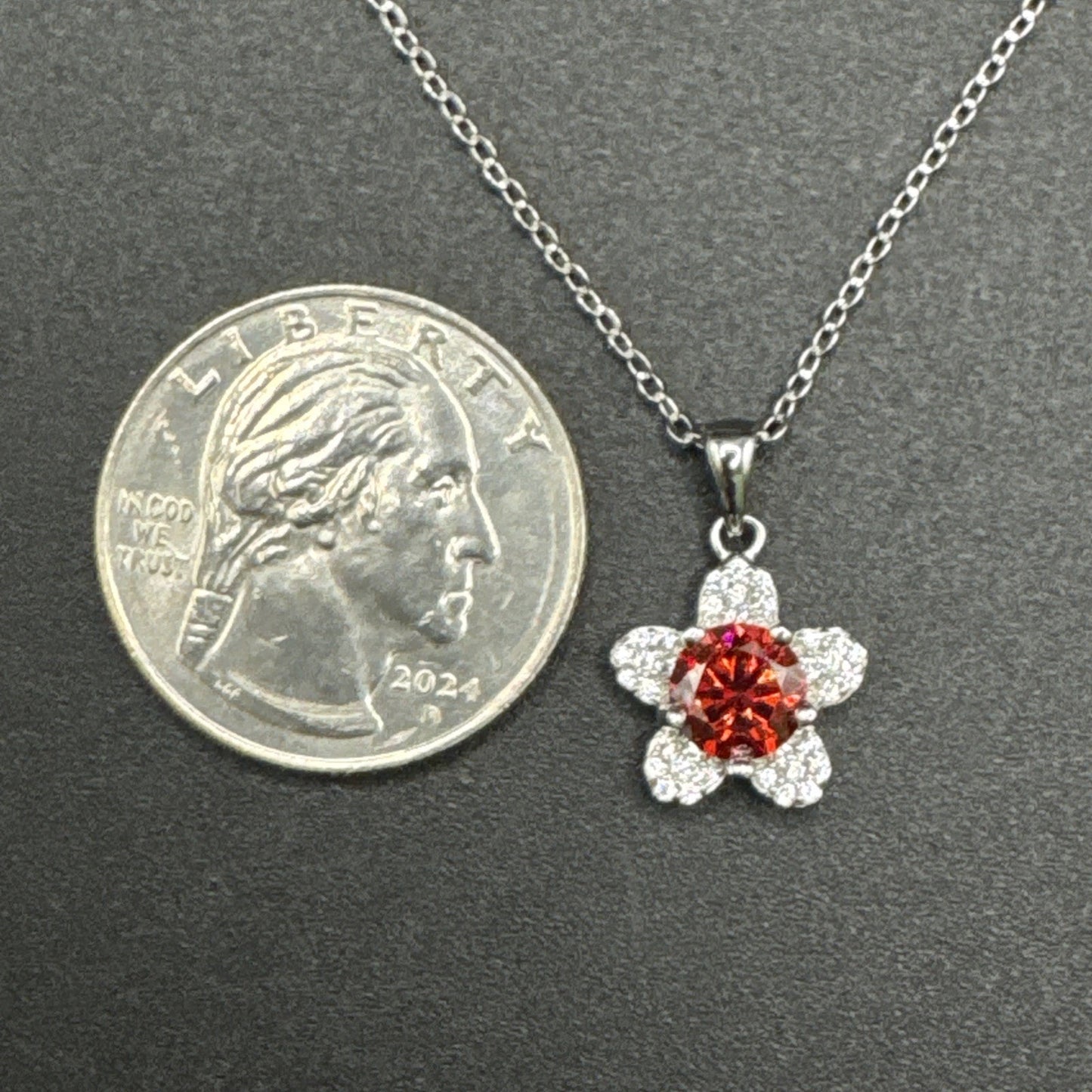 New Condition 18” Sterling Silver Red Moissanite Daisy Pendant Necklace GRA