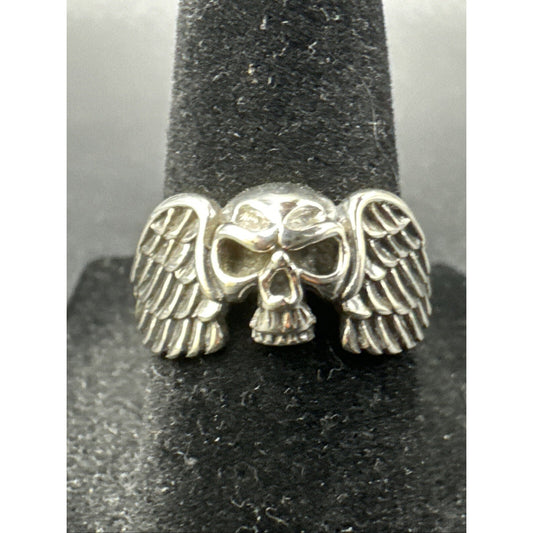 New Condition Sterling Silver Skull Wings Ring 925 Size 7