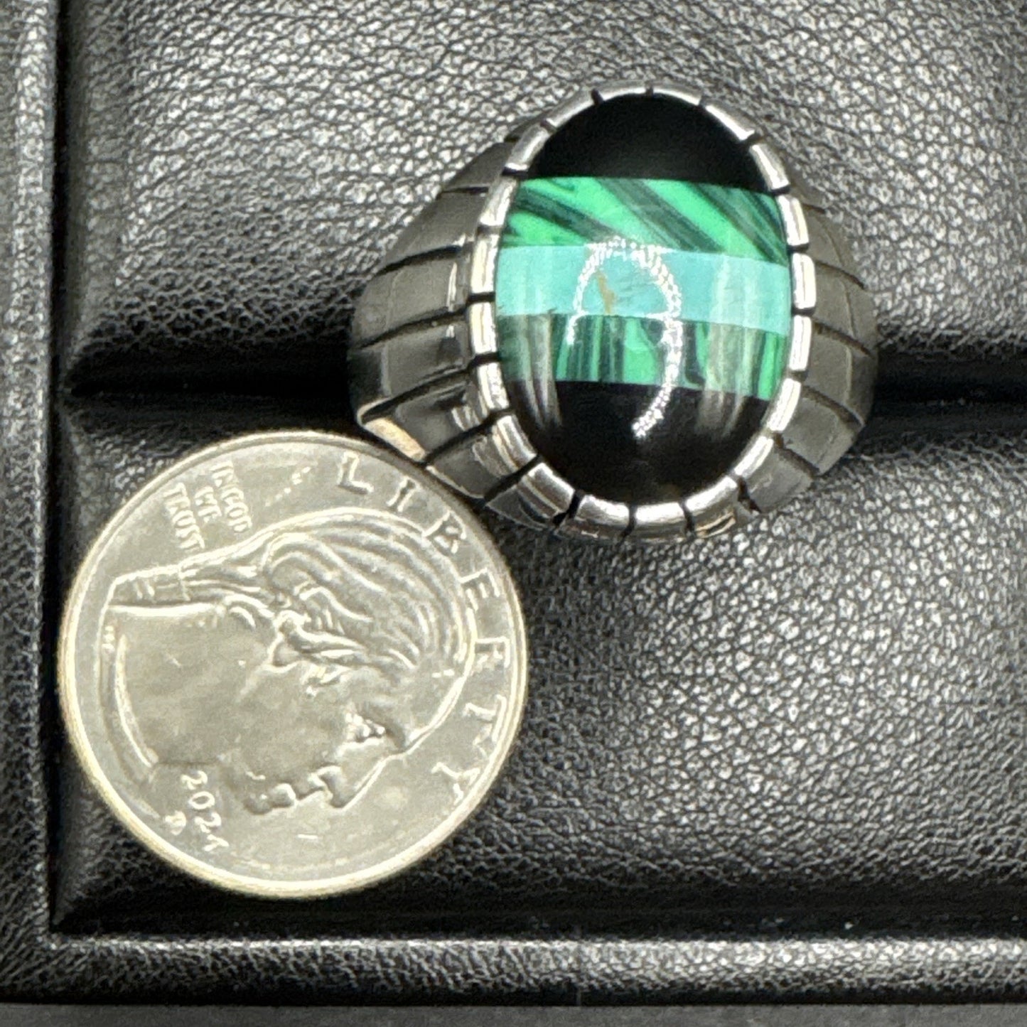 New Condition Sterling Silver Onyx Malachite Turquoise Ring 925 Size 13