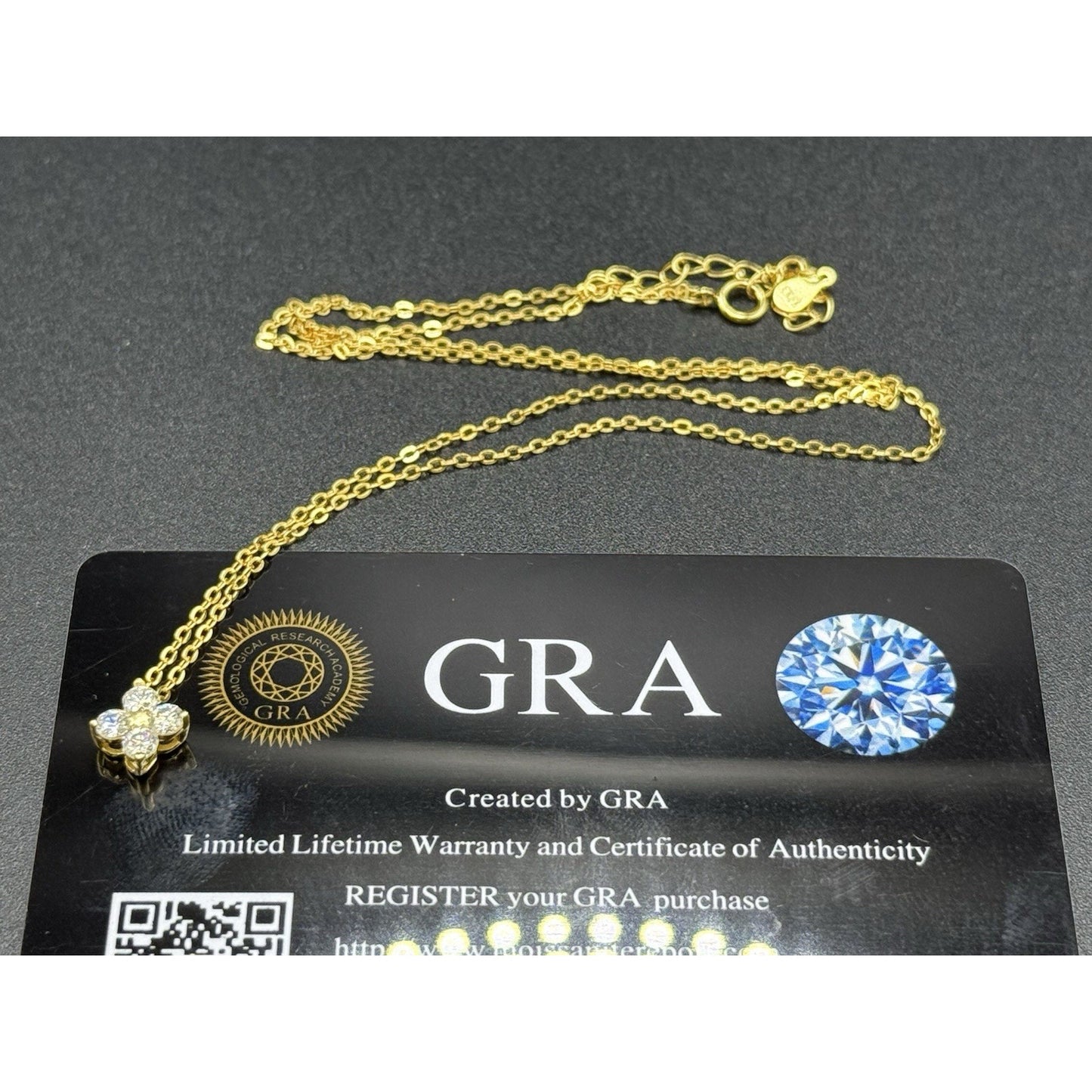 New Condition 18” Gold Sterling Silver Moissanite Clover Pendant Necklace GRA