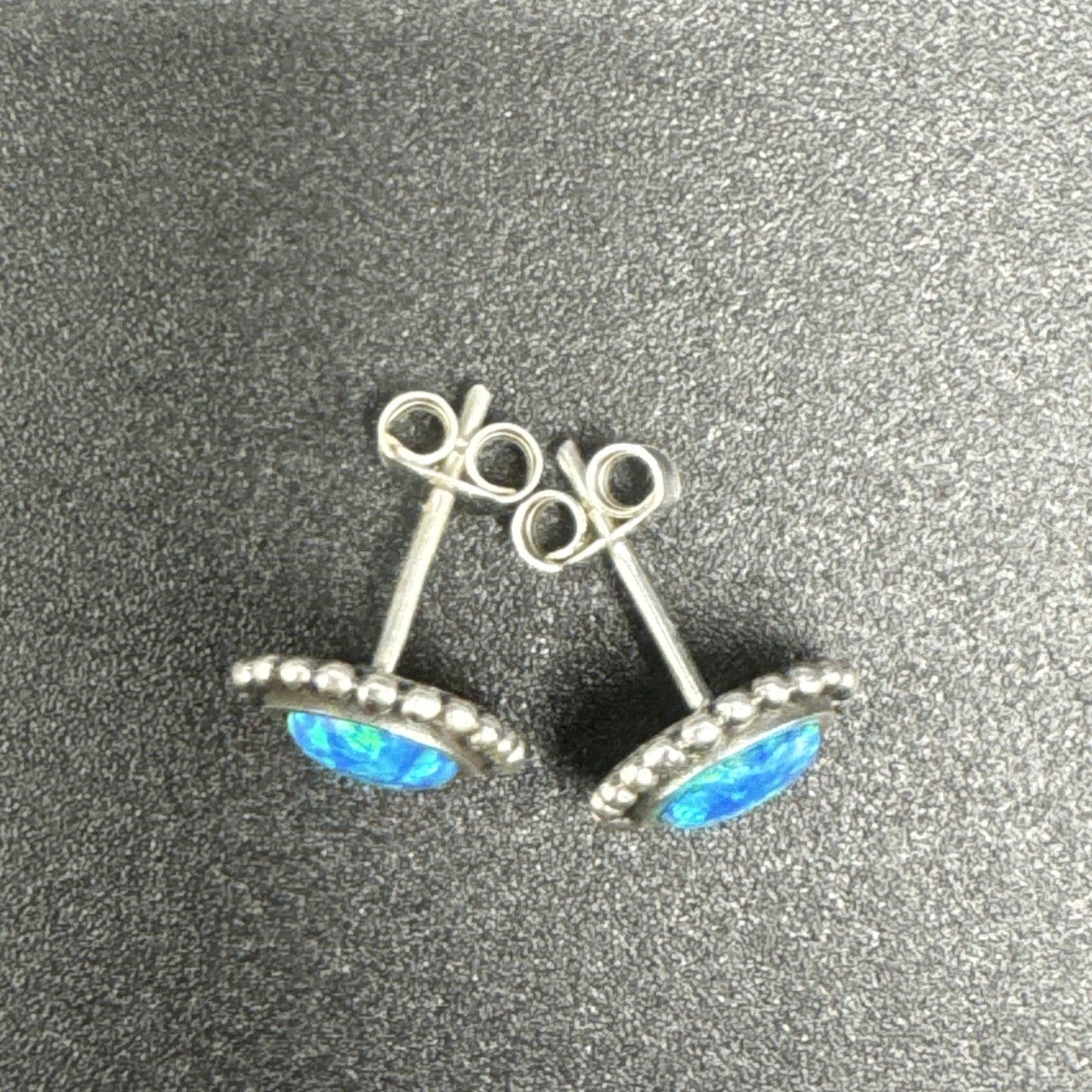 New Condition Sterling Silver Lab Blue Opal Stud Earrings