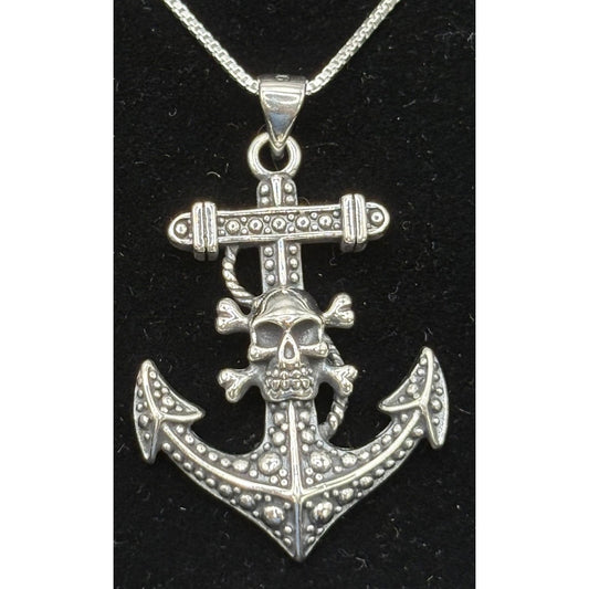 New Condition 20" Sterling Silver Skull Anchor Pendant Necklace
