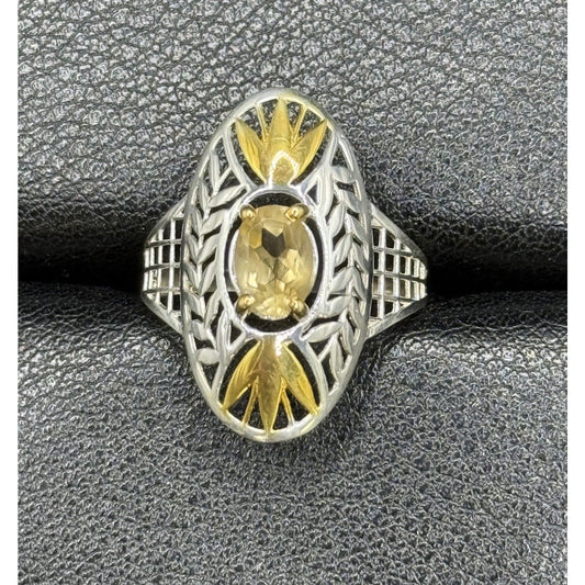 New Condition Sterling Silver Two Tone Genuine Citrine Ring Size 8.00