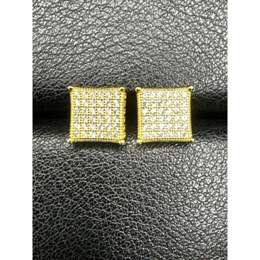 New Condition Gold Sterling Silver CZ Pavé Square Stud Earrings 925
