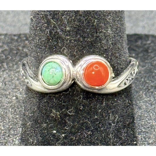 New Condition Sterling Silver Turquoise Coral Ring Size 7.00