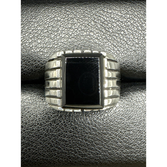 New Condition Sterling Silver Onyx Ladder Shank Signet Ring 925 Size 10