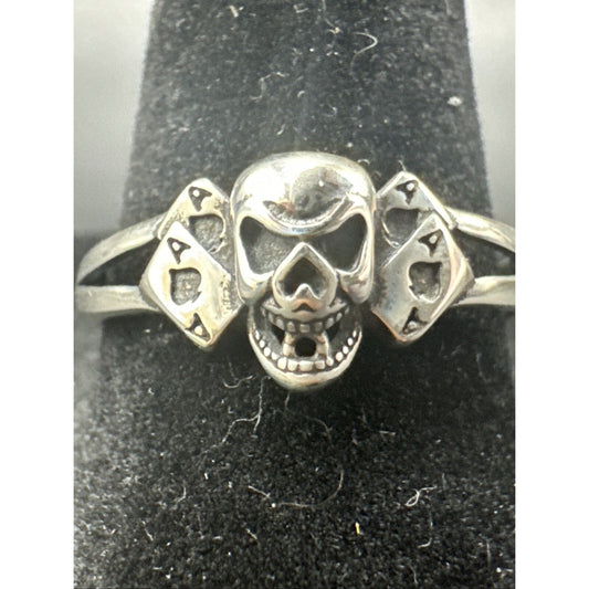 New Condition Sterling Silver Skull Playing Cards Ring 925 Size 7
