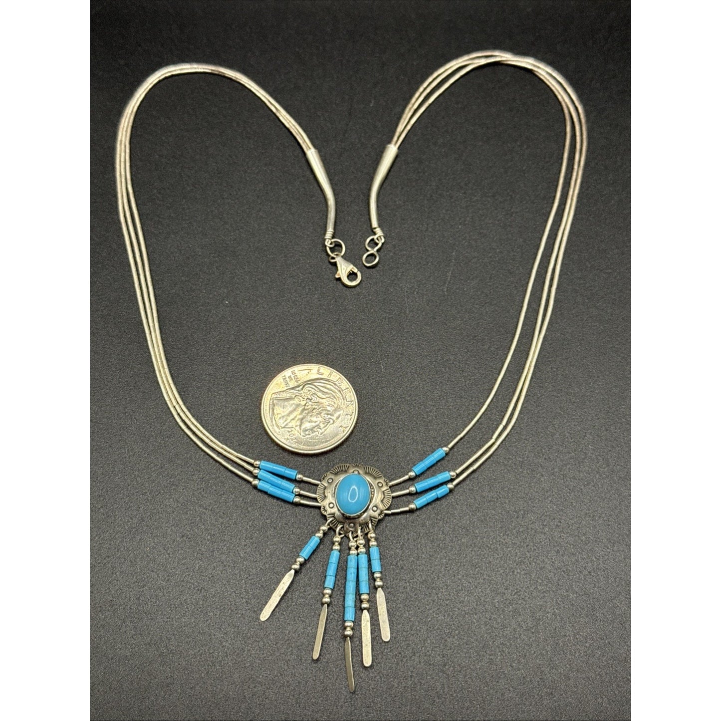 20” Sterling Silver Navajo 3 Strand Turquoise Tube Necklace 925 R06