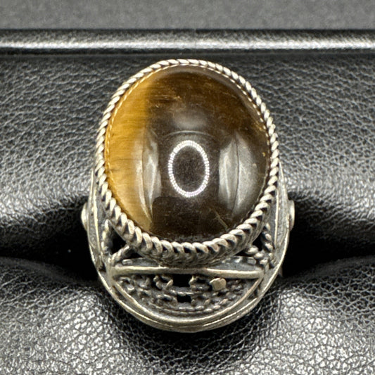 Sterling Silver Openwork Tigers Eye Dome Ring 925 Size Adjustable Q23