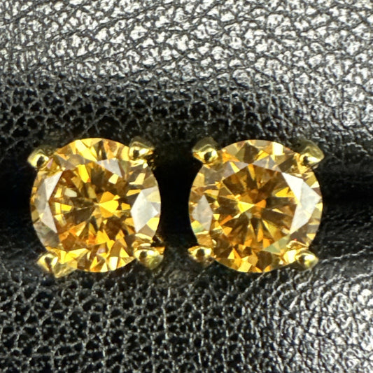 New Condition Gold Sterling Silver 2 CT Champagne Moissanite Stud Earrings GRA