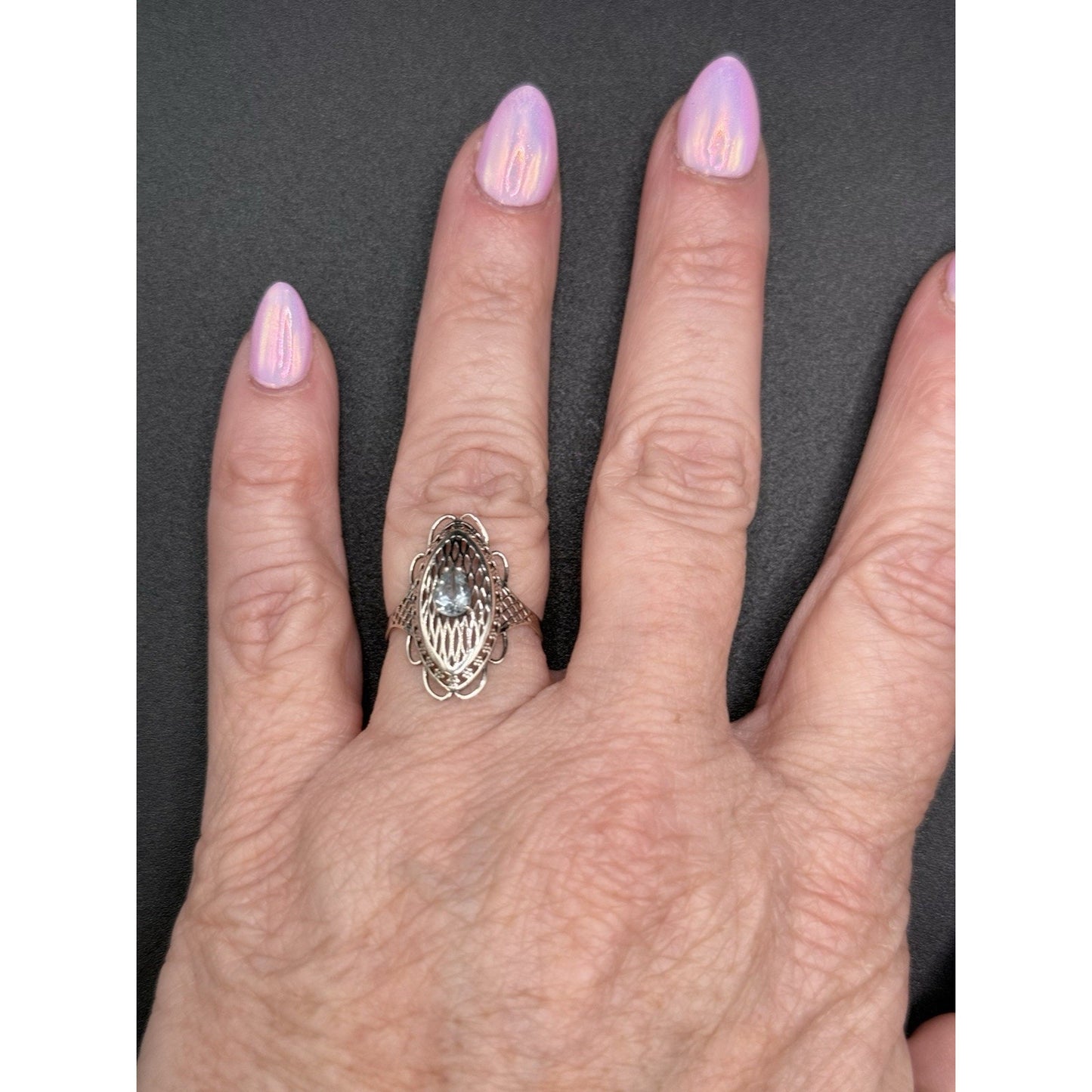 EUC Sterling Silver Genuine Blue Topaz Filigree Ring Size 7.00 925 Q21