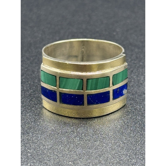Vintage Two Tone Malachite Lapis Band Ring Size 9.50 Tested Q2