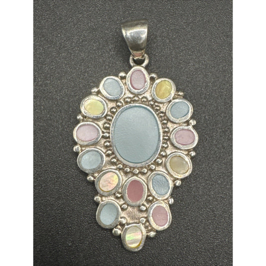 Vintage Sterling Silver Mother Pearl Pendant Macaroon Pastel Colors 925 R06