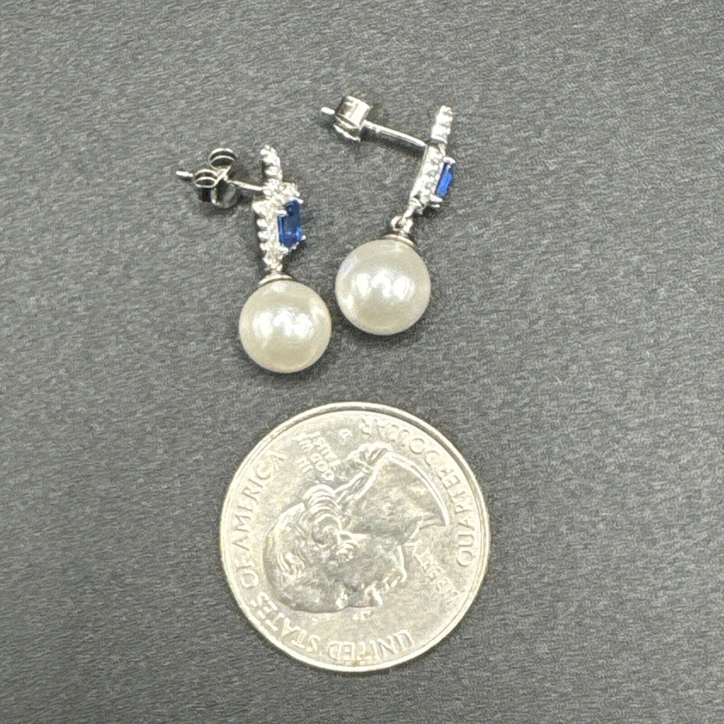 New Condition Sterling Silver Pearl Blue Square Cut CZ Earrings 925