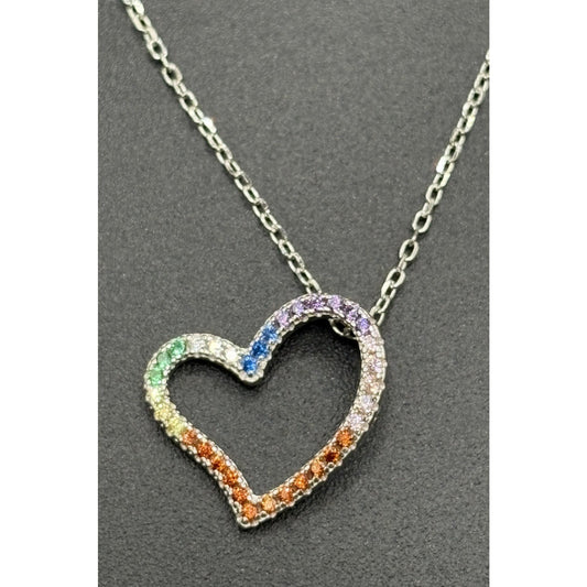 New Condition 18" Sterling Silver Rainbow Cubic Zirconia Heart Pendant Necklace