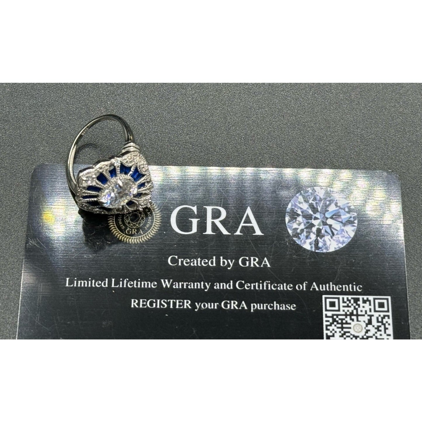 New Condition Sterling Silver Moissanite Art Deco Ring Size 7.00 GRA Q23